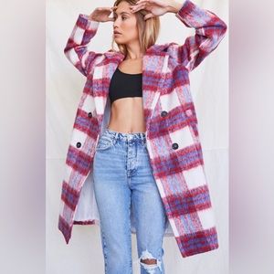 Forever 21 Plaid Red Blue White Double Breasted Coat